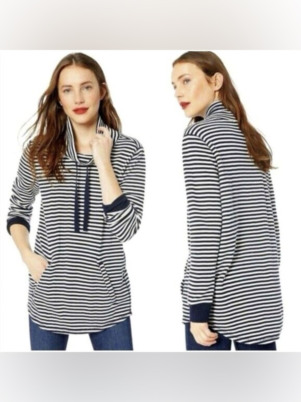 J. Crew Mercantile Navy And White Striped Waffle Knit Funnel Neck Sweatshirt
